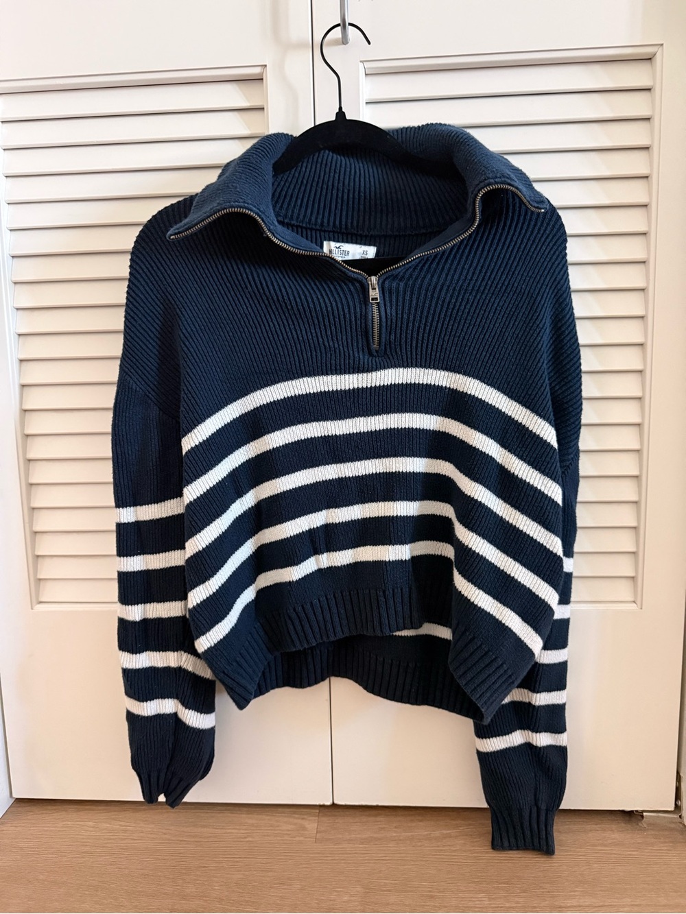 Hollister Striped Half-Zip Knit Sweater - Navy & White